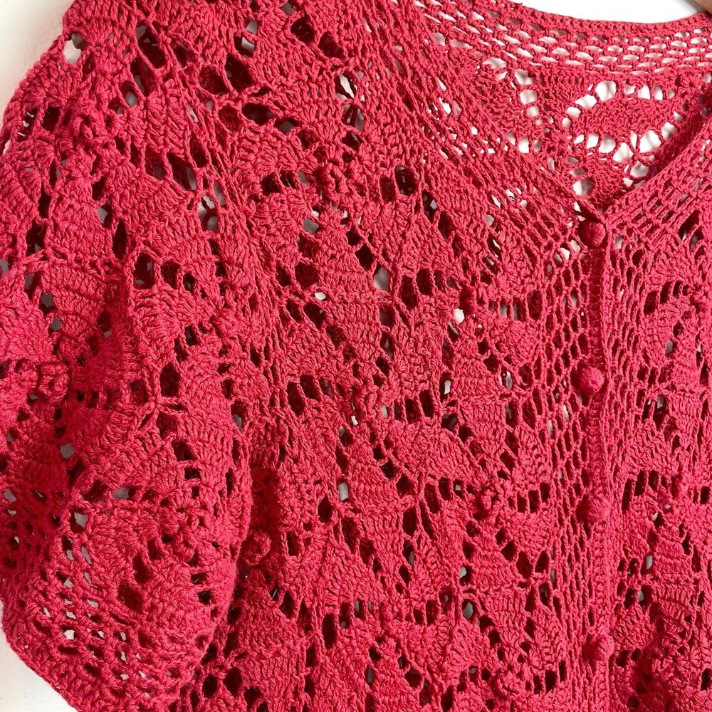Vintage 90s Sheer Boho Crochet Lace Top Red Sz Medium Open Weave Coastal Cowgirl - Picture 3 of 6